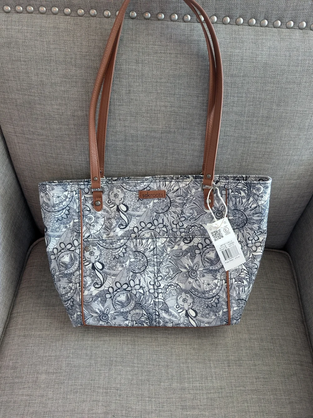 *Great Price* Sakroots Artist Circle Handbag Navy And White With Brown Trim. NWT